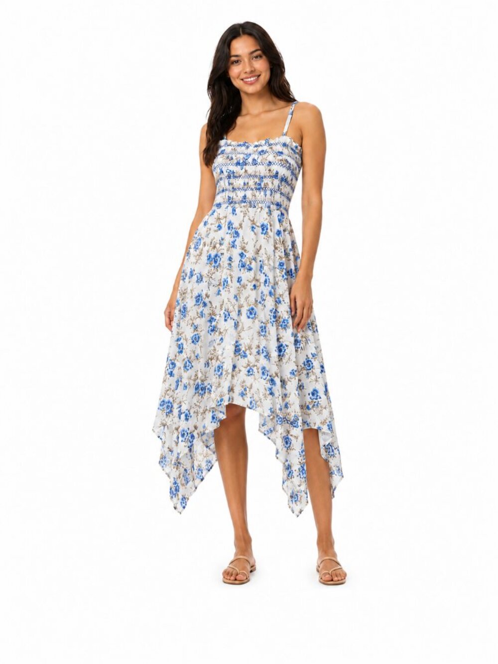 Women’s Floral Handkerchief Hem Dress – Smocked Bodice Spaghetti Strap Summer